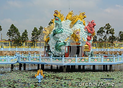 Dragon statues at the Chinese pagoda in Chau Doc, Vietnam Editorial Stock Photo