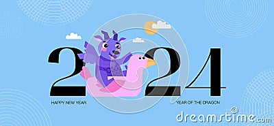 Dragon swimming in a life preserver. Happy Chinese New Year 2024. Year of the Dragon. Lunar new year celebration concept Vector Illustration