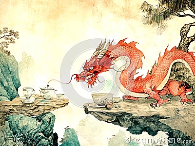 Dragon in a Tea Ceremony, Chinese new year, Generative AI Cartoon Illustration