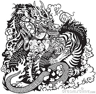 Dragon and tiger fighting Vector Illustration