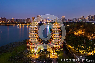 Dragon and Tiger Pagodas famous building in southern Taiwan at night, Aerial view Dragon and Tiger Pagodas, Kaohsiung, Taiwan Stock Photo