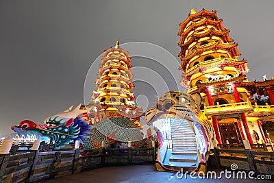 Dragon Tiger Tower at night in Taiwan Stock Photo