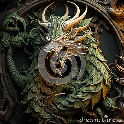 Dragon traditional handmade wooden carving sculpture. Chinese 2024 new year symbol Cartoon Illustration