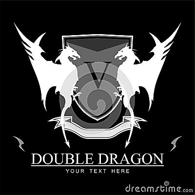 dragon, twin white Dragons over the black shield Vector Illustration