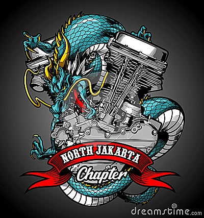 dragon and v-twin engine on blue background Vector Illustration