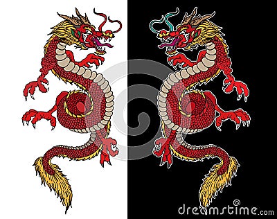 Dragon vector tattoo and illustration design with Sakura branch and flower on background. Vector Illustration