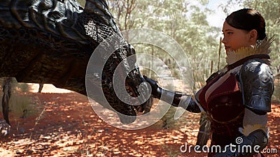 The dragon and the warrior girl met in the desert after a long separation. The girl was created using 3D computer Stock Photo
