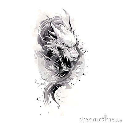 Dragon watercolor painting with black ink on white background traditional Chinese style. Mythical creatures, Ancient animals. Stock Photo
