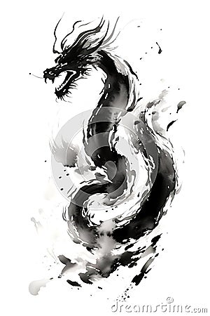 Dragon watercolor painting with black ink on white background traditional Chinese style. Mythical creatures, Ancient animals. Stock Photo