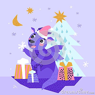 Dragon wrapping presents. Gift giving season. December. Winter Christmas time. Santa hat. Happy New Year. Vector Illustration