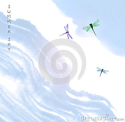 Dragonflies in blue summer sky. Traditional oriental ink painting sumi-e, u-sin, go-hua. Vector Illustration