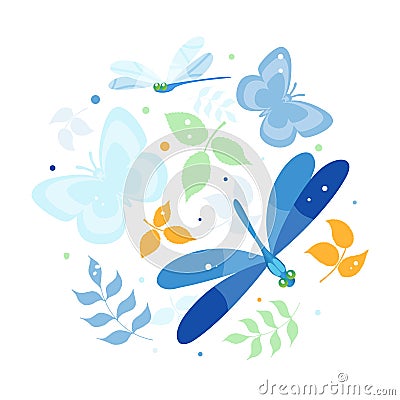 Dragonfly. Abstract minimal drawing of strichoses, butterflies, leaves on a white background Vector Illustration