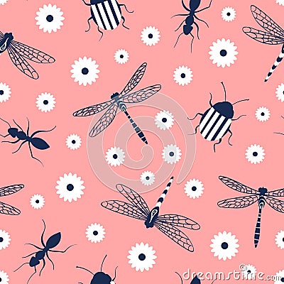 Dragonfly, ant and beetle on pink background. Vector Illustration