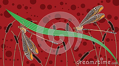 Dragonfly on cattails, aboriginal art vector Vector Illustration