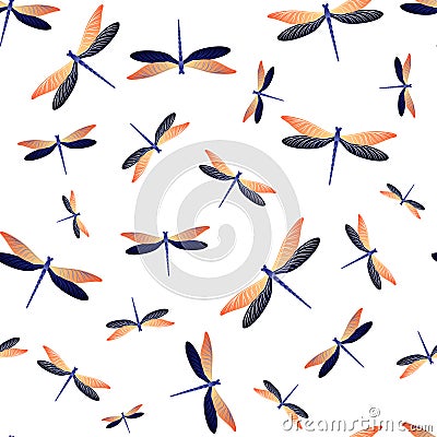 Dragonfly cool seamless pattern. Spring clothes textile print with darning-needle insects. Garden Vector Illustration