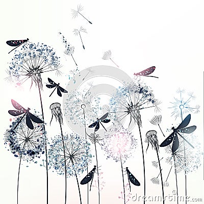 Elegant vector illustration with dandelions and dragonflies Cartoon Illustration