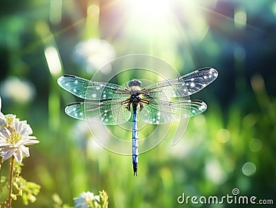 Dragonfly flying in a Zen garden Cartoon Illustration