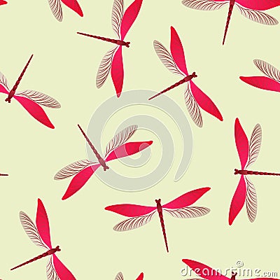 Dragonfly funky seamless pattern. Spring clothes fabric print with darning-needle insects. Close up Vector Illustration