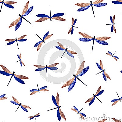 Dragonfly funky seamless pattern. Summer dress fabric print with flying adder insects. Garden water Vector Illustration