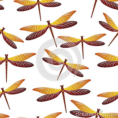 Dragonfly funky seamless pattern. Summer dress textile print with damselfly insects. Close up water Vector Illustration