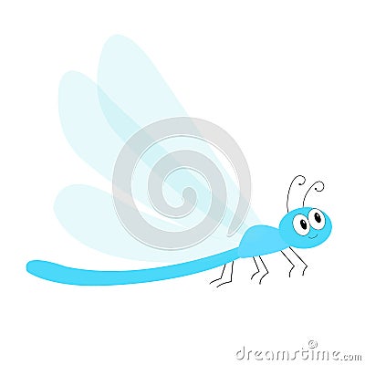 Dragonfly icon. Cute cartoon kawaii funny character. Blue dragon fly Insect. Big eyes. Smiling face, horns. Baby kids clip art. Vector Illustration