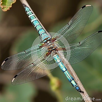 A dragonfly with its long, slender body and intricately patterned wings Stock Photo