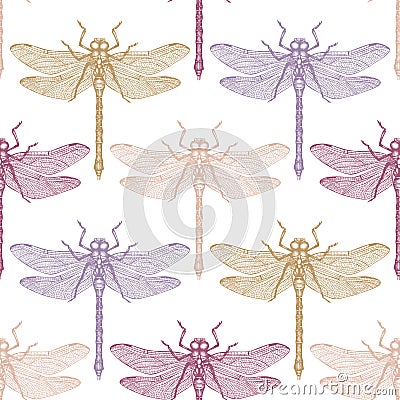 Seamless pattern with hand drawn dargonfly. Vector insects sketch collection. Vinatge spring background. Pastel colored Stock Photo