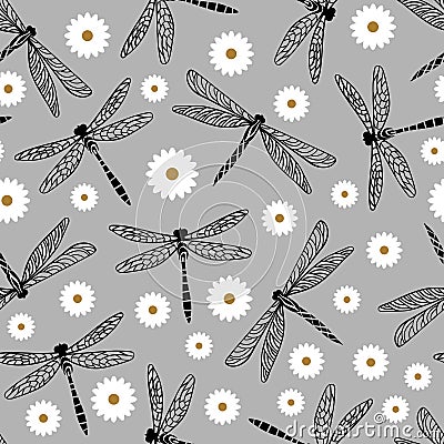 Dragonfly seamless pattern with chamomile Vector Illustration