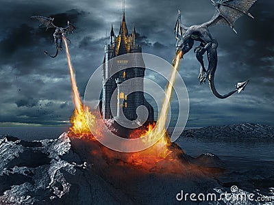 Dragons attacking the castle Stock Photo