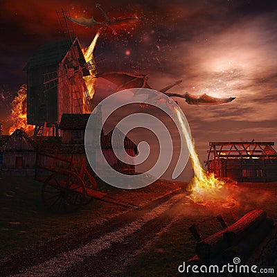 Dragons attacking windmill Stock Photo
