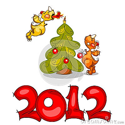 Dragons with Christmas tree.2012 Vector Illustration