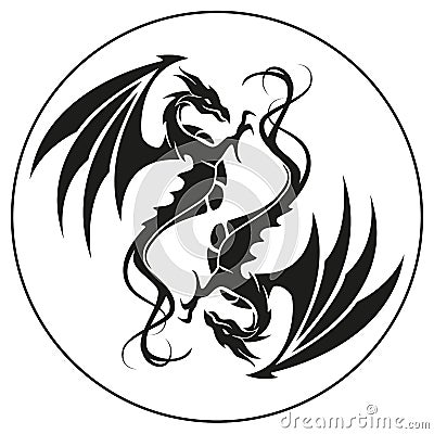 Dragons in a circle - Dragon symbol tattoo, black and white vector illustration Vector Illustration