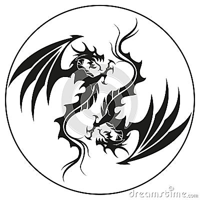 Dragons in a circle - Dragon symbol tattoo, black and white vector illustration Vector Illustration