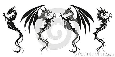 Dragons - Dragon symbol tattoo, set of black and white vector illustration Vector Illustration