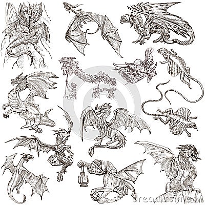 Dragons. An hand drawn freehand sketches. Originals. Cartoon Illustration