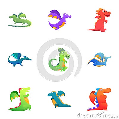 Dragons icon set, cartoon style Vector Illustration