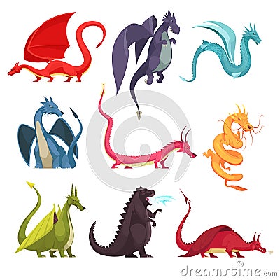 Dragons Monsters Cartoon Set Vector Illustration