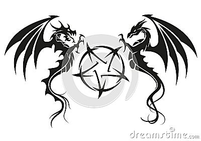 Dragons with pentagram - Dragon symbol tattoo, black and white vector illustration Vector Illustration