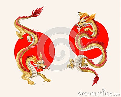 Dragons on the red circle. Oriental trendy print. Vector Illustration