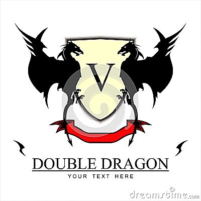 2 dragons, shield and ribbon Twin Black Dragons. Stock Photo