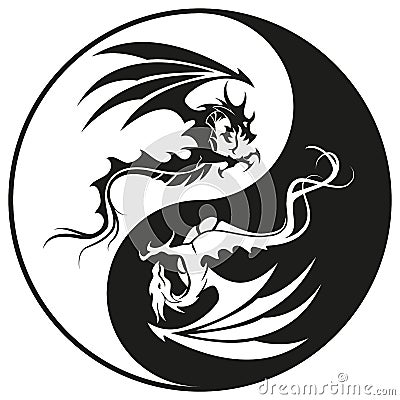 Dragons in Yin and yang circle - Dragon symbol tattoo, black and white vector illustration Vector Illustration