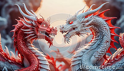 Dragons Yin and Yang, warriors of opposites. Two fantastic Chinese dragons. Year of the Dragon according to the eastern Stock Photo