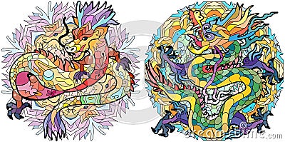 Zentangle dragons on mandala. Hand drawn decorative vector illustration Vector Illustration