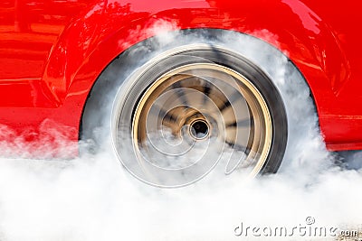 Dragster Car Burn Out Rear Tyre With Smoke. Stock Photo