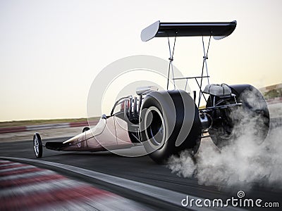 Dragster racing down the track with burnout Stock Photo