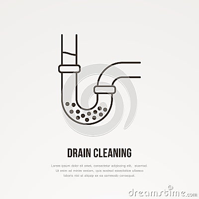 Drain cleaning flat line icon. Outline sign of blocked water pipe. Vector illustration for repair or plumbing service Vector Illustration