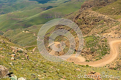 The famous Sani mountain pass dirt road with many tight curves connecting Lesotho and South Africa Stock Photo