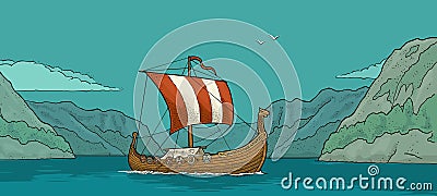 Drakkar floating on the fjord in Norway. Vintage color engraving Vector Illustration