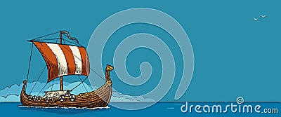 Drakkar floating on the sea waves. Vintage color vector engraving Vector Illustration