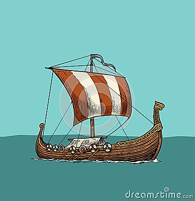 Drakkar floating on the sea waves. Vector Illustration